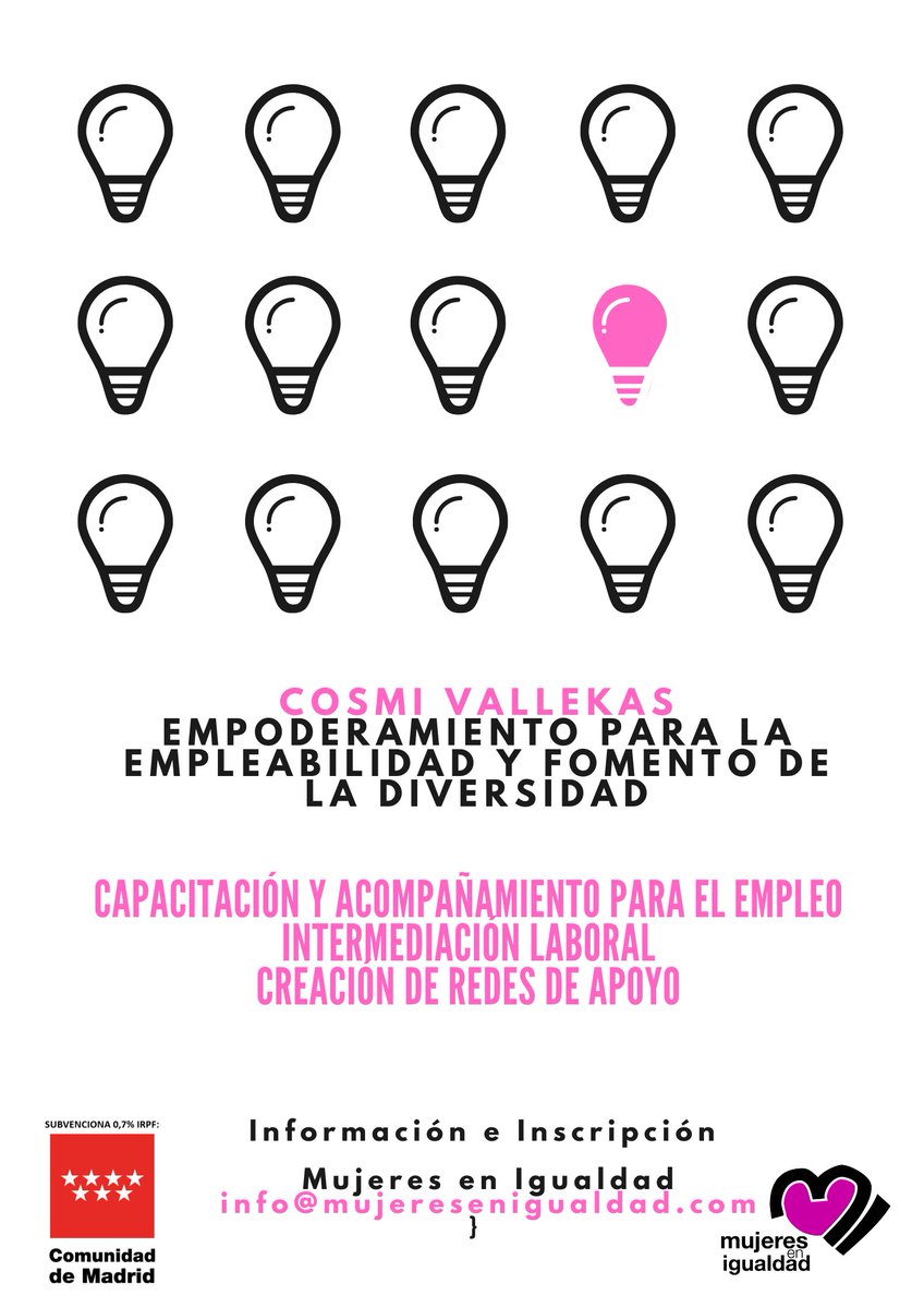 MujeresIgualdad's tweet photo. ¿Estás en proceso de búsqueda de #empleo?
@MujeresIgualdad desarrolla este año el programa #CosmiVallekas, de capacitación para el empleo y el #emprendimiento dirigido a mujeres #inmigrantes en la Comunidad de #Madrid.
Más información/inscripción en: info@mujeresenigualdad.com https://t.co/35jOwXYesW