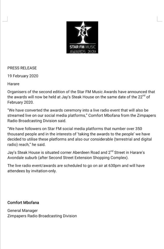 SimangalisoDub5's tweet photo. #NEWSALERT
Venue for this years' @StarfmZimbabwe Music Awards announced. The event is set for February 22. @StarFMNews
#MusicInColour #Harare #Bulawayo #Zimbabwe @hararetoday @harare_post @HarareSun @hararesocial @GweruThe @twimboz @Zimtweets @OpenParlyZw @ZimbabweZoom https://t.co/sQSOUbyqfg