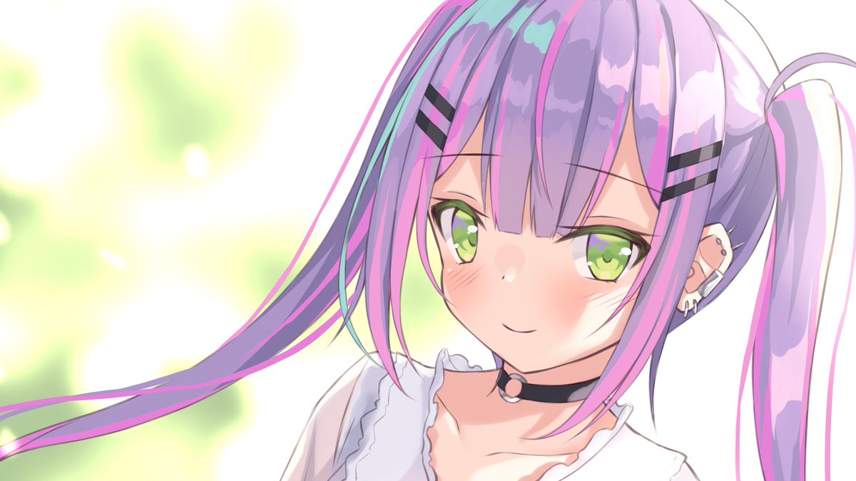 tokoyami towa 1girl solo green eyes twintails long hair purple hair hairclip  illustration images