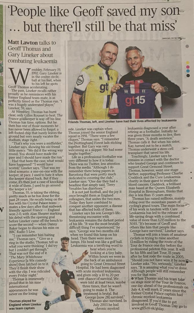 CureLeukaemia's tweet photo. Huge thanks to @Lawton_Times for taking the time to meet @GaryLineker and @GeoffThomasGTF and pen a great interview in today's @thetimes including a mention to #GTDay which takes place on July 4th. Can you do your bit to help? https://t.co/qrSrpXUBhB https://t.co/PAqeBE1LH4