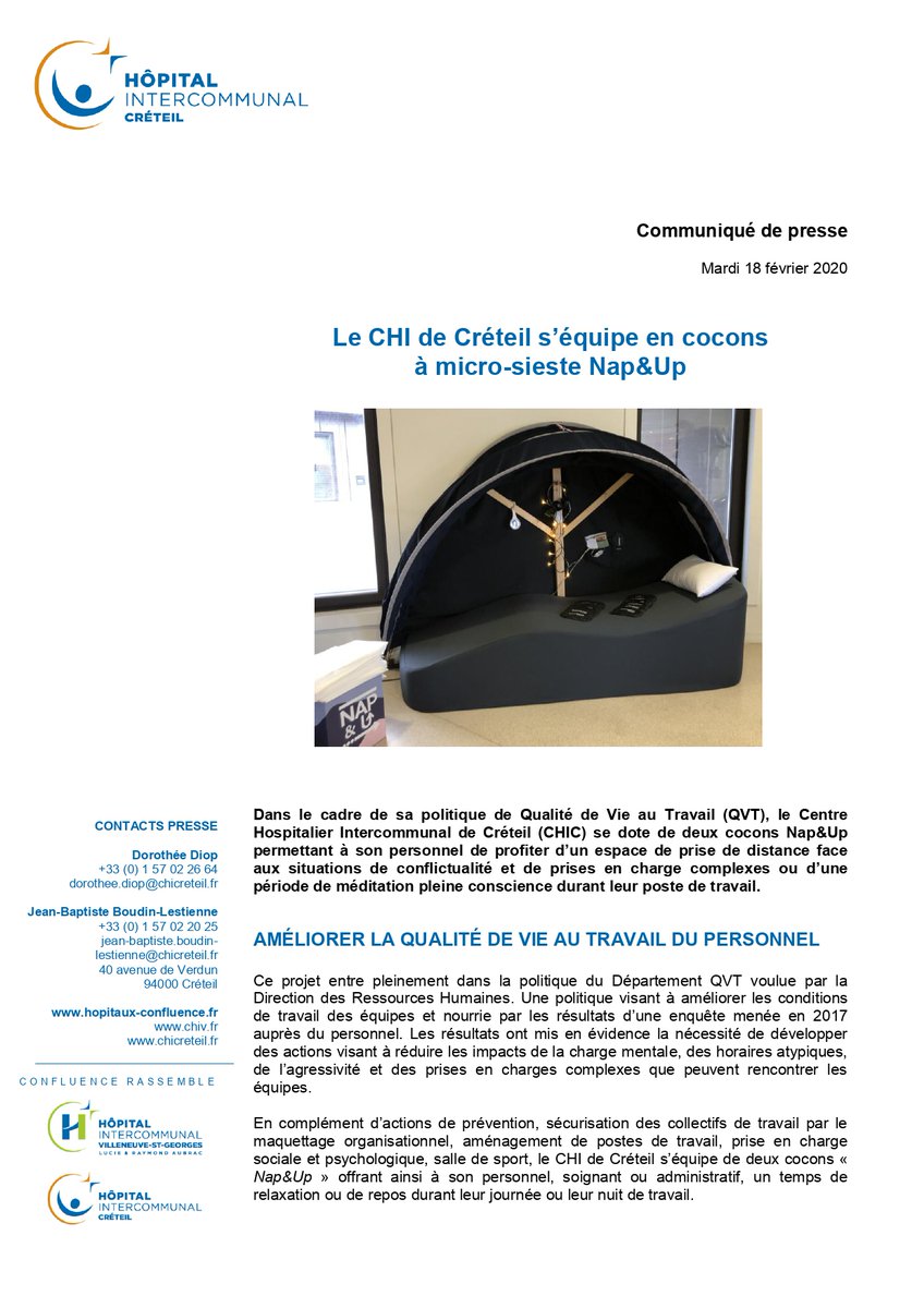 NapandUp's tweet photo. Nap&Up a installé ses #cocons à #sieste au sein de @H_Confluence dans le service des urgences et de pneumologie! 🩺
Cette initiative s'accorde parfaitement dans un environnement où les journées de travail sont particulièrement chargées. ⚡️
#insiestewetrust #qvt #hopital https://t.co/saiHuv0ocg