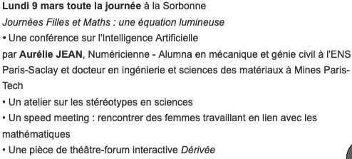 CNRS_INSMI's tweet photo. #Maths2020 | « Journées Filles et Maths : une équation lumineuse » à la Sorbonne le 09/03/2020 : conférence sur l'IA par Aurélie Jean, atelier, speed-meeting, théâtre interactif "Dérivée" avec LAPS @FillesEtMaths #Animath @FondBPascal
➡️https://t.co/E9OOcRX09X
@Eduscol https://t.co/LFxUC4SG7n