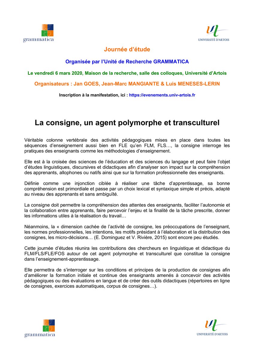 DILTEC's tweet photo. JE La consigne, un agent polymorphe et transculturel
Avec la participation des membres de #DILTEC @CavallaCristel1, Jean-Paul NARCY-COMBES, Corinne WEBER
6 mars 2020
Maison de la recherche, salle des colloques
Université d’Artois
+info https://t.co/0ij0Pgqcox
#FLE #Didactique https://t.co/GaWAhbrNCz