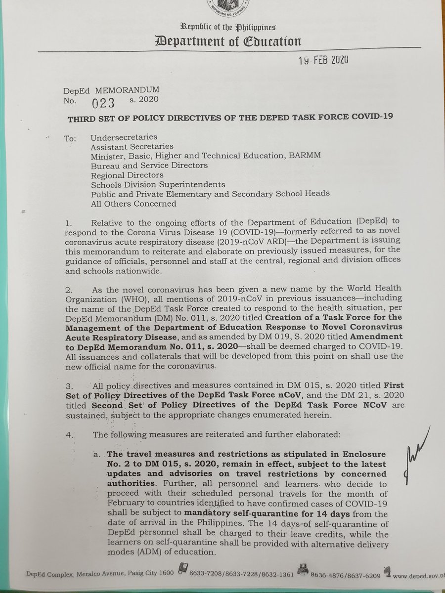 Jasmin_Romero's tweet photo. SCHOOLS, HEADS UP! DEPED HAS NOW ALLOWED THE RESUMPTION OF NATIONAL, REGIONAL AND OFF-CAMPUS ACTIVITIES STARTING FEBRUARY 24, 2020 BASED ON A RECENT DIRECTIVE FROM DEPED TASK FORCE COVID-19, PROVIDED  ALL “PRECAUTIONARY MEASURES IDENTIFIED BY DEPED AND DOH ARE STRICTLY FOLLOWED”. https://t.co/dim2Z6Uxcv