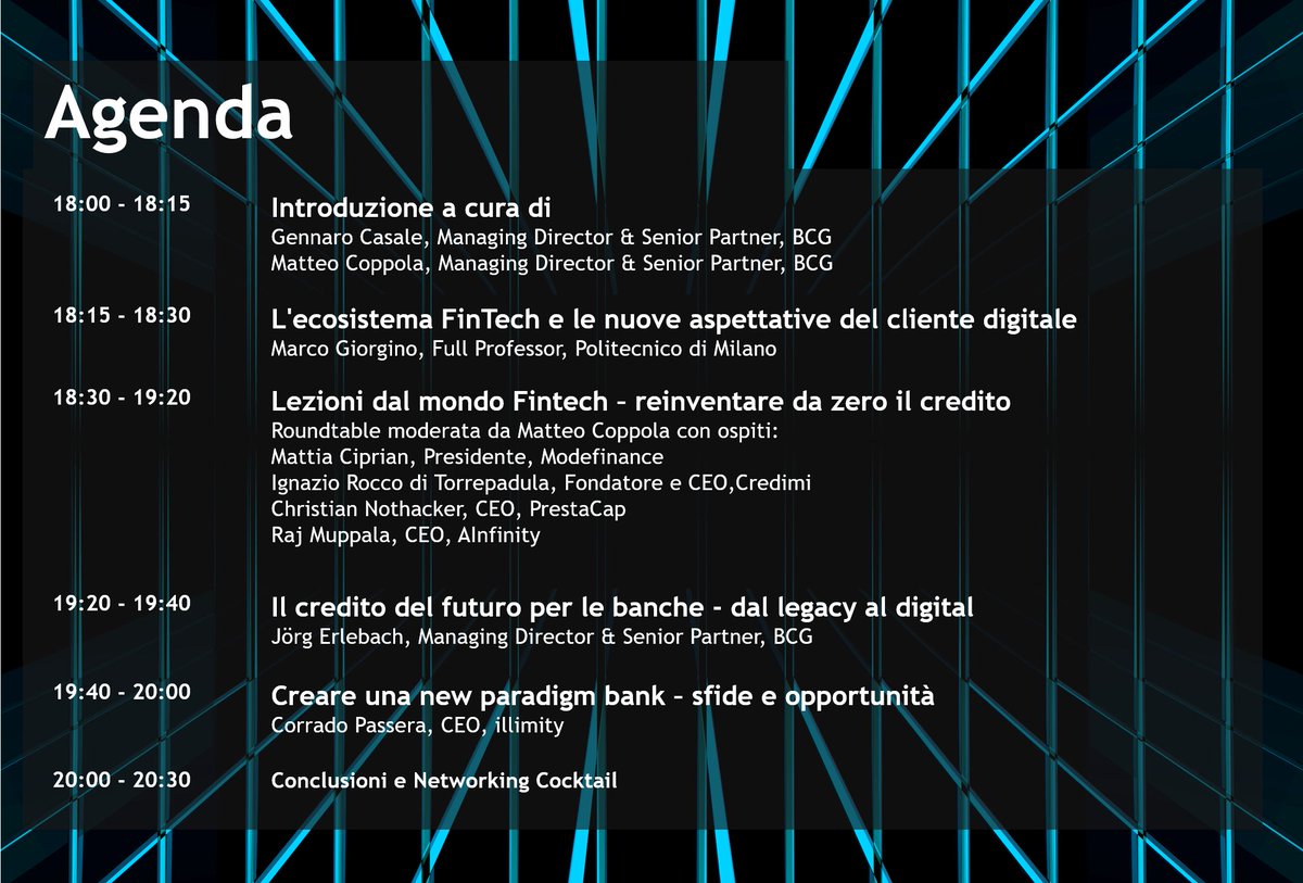 #Banche: Come gestire il #credito e affrontare i progressi tecnologici? Ne parleremo stasera al nostro Banking day 2020 "Il #futuro del credito nell'era #digitale". Interverranno anche <a href="/marco_giorgino/">marcogiorgino</a>, Professore Ordinario del <a href="/polimi/">Politecnico di Milano</a> e <a href="/corradopassera/">Corrado Passera</a>, CEO, <a href="/illimitybank/">illimity bank</a>
