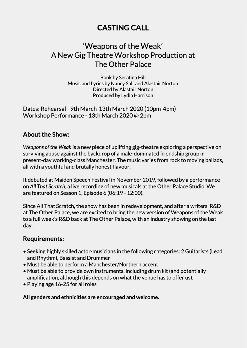 nortonalastair's tweet image. **PERFORMER CALLOUT** - ACTOR MUSICIANS - Looking for drummers (w/ drum kit), bassists and guitarists for a workshop production in March. All genders and ethnicities encouraged.  Casting call below! Get in touch! #auditions #actormuso #gigtheatre #theotherpalace