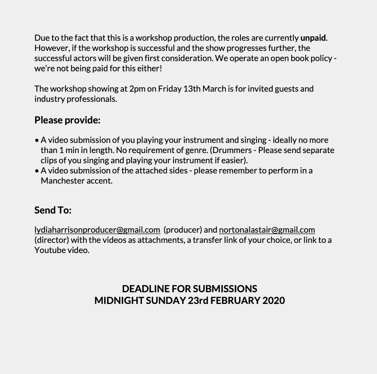 nortonalastair's tweet image. **PERFORMER CALLOUT** - ACTOR MUSICIANS - Looking for drummers (w/ drum kit), bassists and guitarists for a workshop production in March. All genders and ethnicities encouraged.  Casting call below! Get in touch! #auditions #actormuso #gigtheatre #theotherpalace