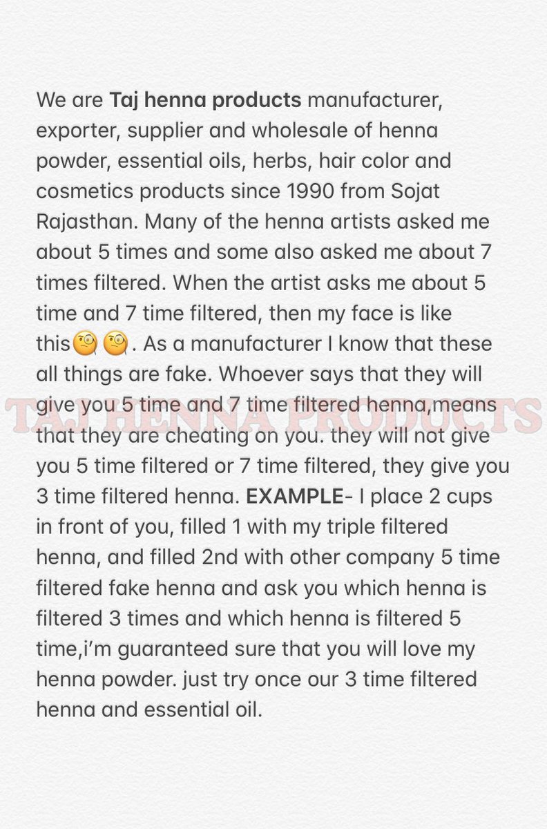 taj_henna's tweet photo. #hennapowder #hennaart #tajhenna #manufacturer #exporter #sojat #sojathenna #rajasthan #rajasthanihenna #india #bodyartquality #mehandi #mehandipowder #hennapaste #hennaartist #hennadesigns https://t.co/8onFJKysn1