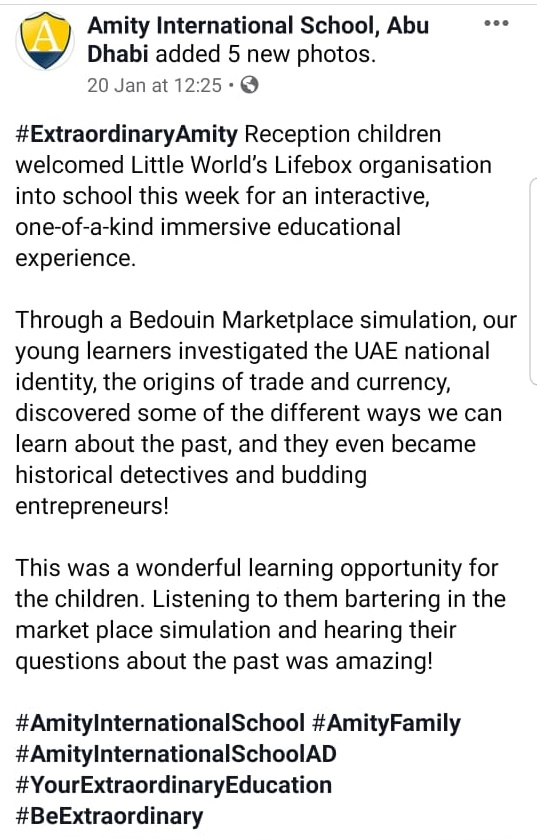 So lovely to hear such positive feedback from the FS2 learners and teachers at <a href="/AmityAbuDhabi/">Amity Abu Dhabi</a> . We enjoyed every second too! #lifeboxuae #lifelonglearning #meerasmarketplace