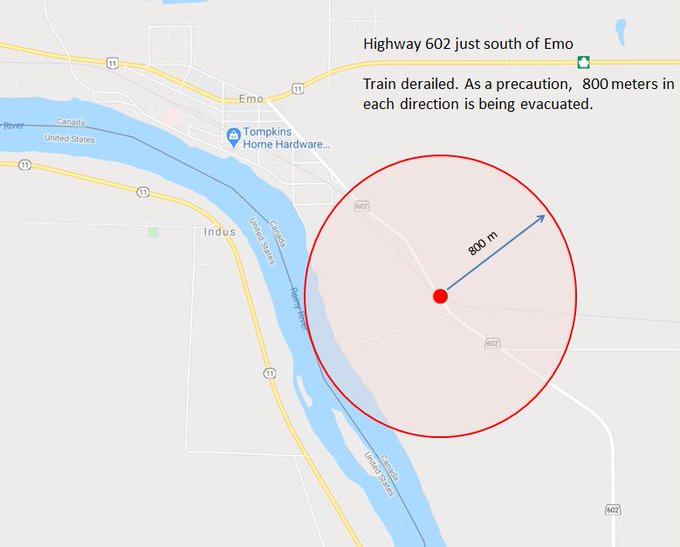 CBCAlerts's tweet image. Ontario Provincial Police say a train carrying crude oil derailed overnight near Emo, Ont. Anyone living within 800 metres of the site was told to leave as a precaution. Highway 602 was closed in both directions at the site. (OPP map with graphic showing location.)