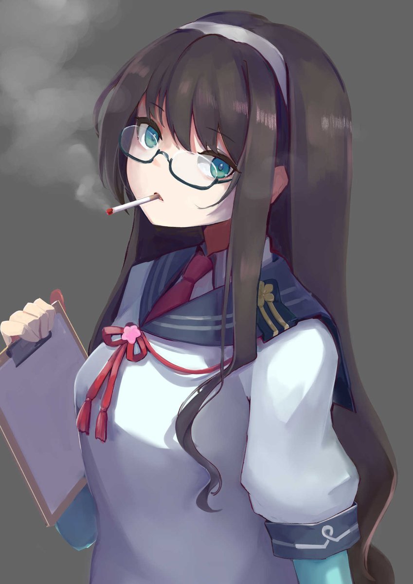 ooyodo (kancolle) 1girl solo long hair glasses cigarette smoking under-rim eyewear  illustration images