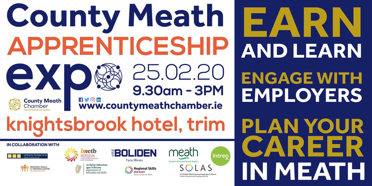 One week to go to the #Meath #AppprenticeshipExpo.
#Connecting #Employers,Agencies &amp; Training Providers
📌100's of Opportunities to #EarnandLearn
📌60+ Exhibitors
📌2,000 Registered to Attend
📌Open to ALL &amp; FREE to Register: bit.ly/2u5CpXI
