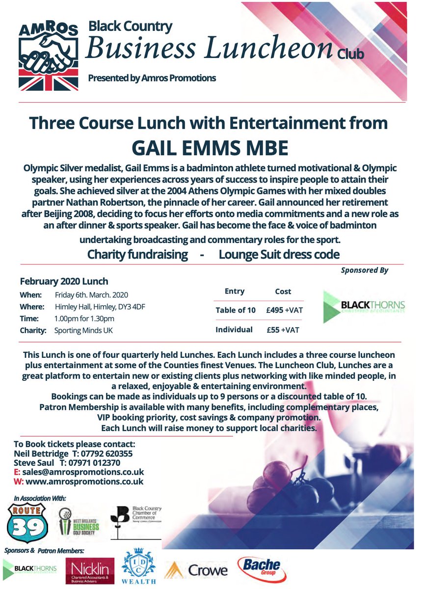 On the 6th March we will be taking over Himley Hall for our first #BlackCountry #Business Luncheon of 2020, sponsored by <a href="/blackthornsacc/">Blackthorns</a>. With entertainment from #badminton legend <a href="/gailemms/">Gail Emms</a>, you won’t want to miss this event! Book your place today #blkcountryhour