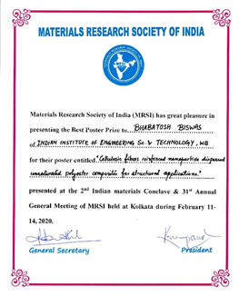 iiest_s's tweet photo. #iiests congratulates Mr. Bhabatosh Biswas, a Ph.D. student in the #MNDSMSE for bagging the prestigious #MRSI BEST POSTER AWARD at the 2nd Indian Materials Conclave held during 11-14 February 2020, in Kolkata. 
We wish Mr. Biswas greater success in the near future.
@HRDMinistry https://t.co/LvlNIVImO1