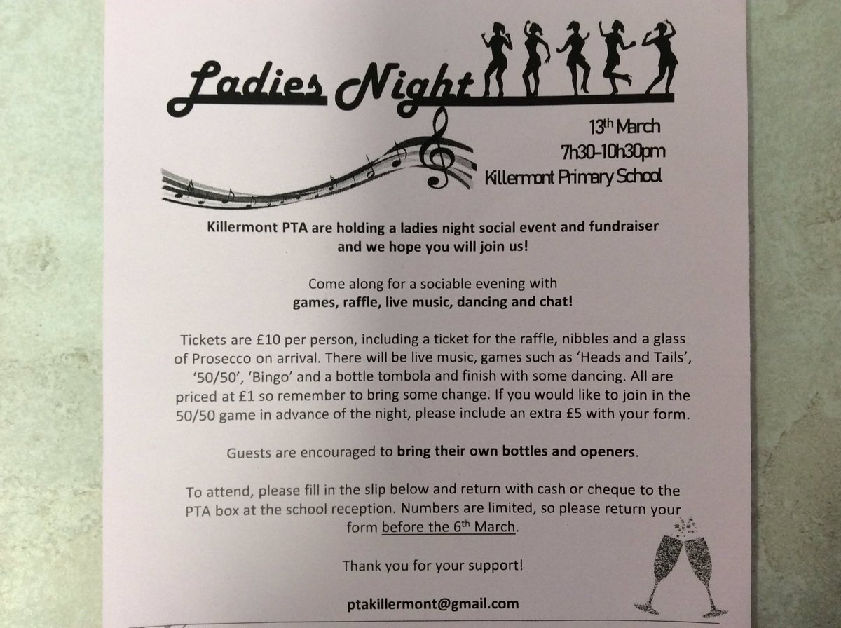 KillermontNC's tweet photo. The PTA are holding a Ladies Night on Fri 13th March for all the ladies in our school community. Tickets are £10 per person. Ticket request forms are available in the EYC cloakroom. Just fill one in &amp; pop it in the PTA postbox at the cloakroom window. https://t.co/ZnDZIovhR0