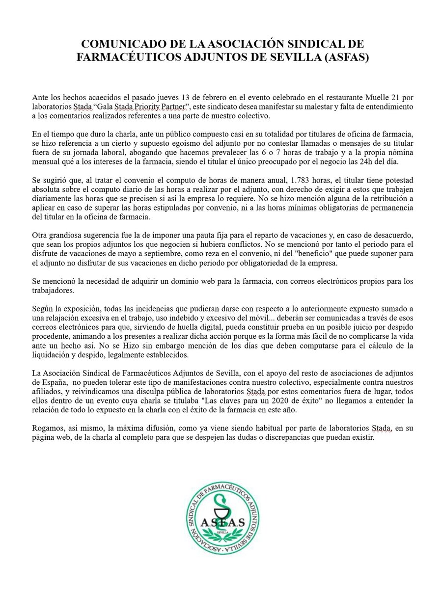 ASFAS__'s tweet photo. Desde ASFAS queremos mostrar nuestro desacuerdo con los ejemplos expuestos el pasado jueves sobre los adjuntos, reivindicando nuestro importante papel dentro de los equipos de cada oficina de farmacia https://t.co/cNjLUq0pFU