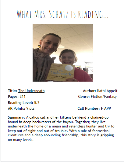 mrsbschatz's tweet photo. Thanks Destiney for helping me with my weekly selfie of "What Mrs. Schatz is Reading!" @SULLELEM
 #seseaglepride #allstudentswilllearn #readthelibrary https://t.co/zvcty0gLo0