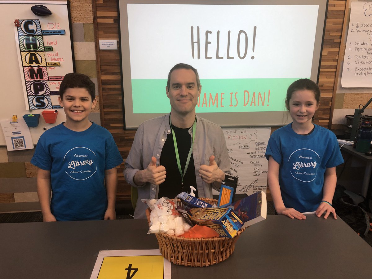 Westmoorlibrary's tweet image. @DanGemeinhart’s visit was made more fun, more meaningful, and more organized thanks to these #libraryadvisorycommittee members. From author intros, to library tours, to creating a gift basket based on what we learned about him - these Ss make us look good. #innovate28 @KimB_LRC