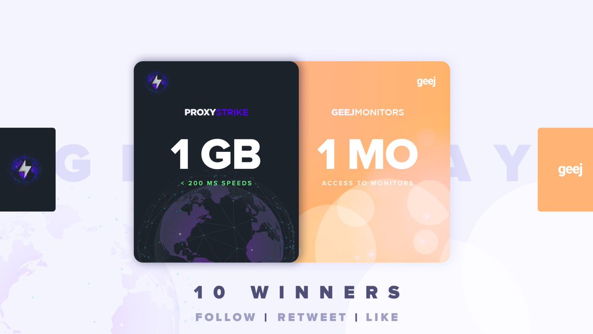 ProxyStrike x Geej GIVEAWAY! ⛈ 10 Winners Selected! 🍾🎉 RULES 💻 1) Follow @ProxyStrike / @geejSupply 🤝 2) Retweet 🔁 3) Like ✅ PRIZES 🎁 1 GB of @ProxyStrike RapidResis 1 Month of @geejSupply WINNERS PICKED IN 24 HOURS! 🚨