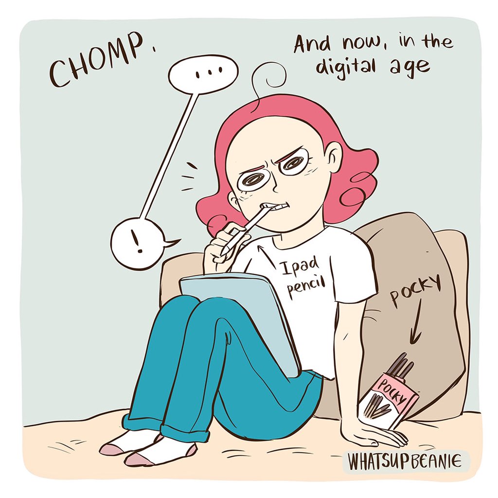 I know the thing about dipping your brush in your drink is relatively common amongst artists but I just recently bit my iPad pencil instead of a Pocky snack stick XD (the pen was fine). Do you guys have any funny stories about mixing up food with something else?