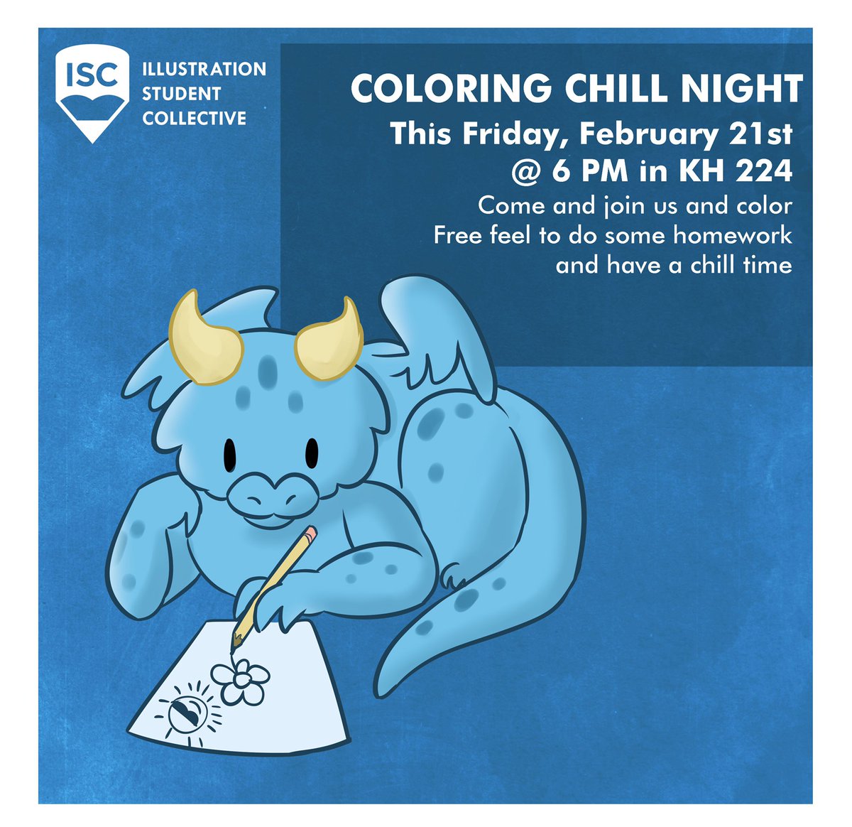 CCADISC's tweet image. Come have a chill night with friends this friday at ISC! You’ll have the option to color coloring pages or just have a chance to catch up on homework. We’ll be meeting at 6pm in Kinney hall room 224. See you then!