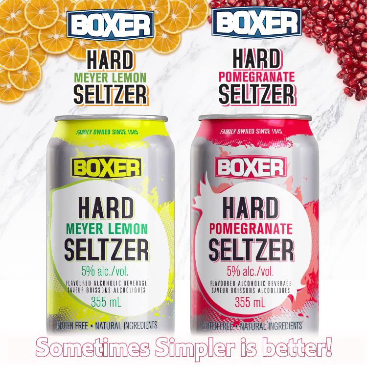 BoxerLager's tweet photo. Boxer Hard Seltzers come in 2 delicious flavors: Meyer Lemon &amp; Pomegranate...which will you choose? Made with all natural ingredients and only 120 calories! Available now at our Pizza Brew location 1314 44th Ave NE #MinhasBrewery #BuyLocalYYC #Boxer #HardSeltzer #YYC https://t.co/aHKoEkqGxT