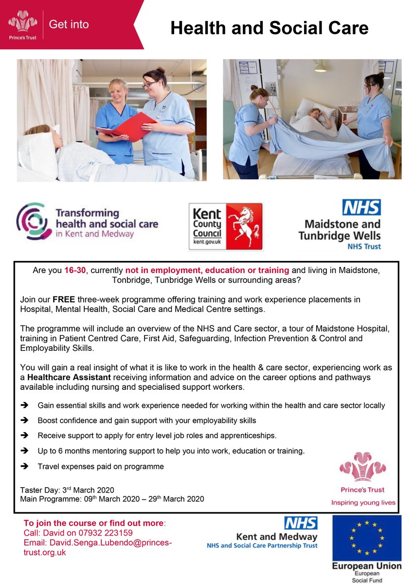 Out of work or education, under 30 and living in West #Kent? 

Join free Get into Health &amp; Social Care #placements with 
@PrincesTrust starting in March. 

For more information, contact David.Senga.Lubendo@princestrust.org.uk

#jobs