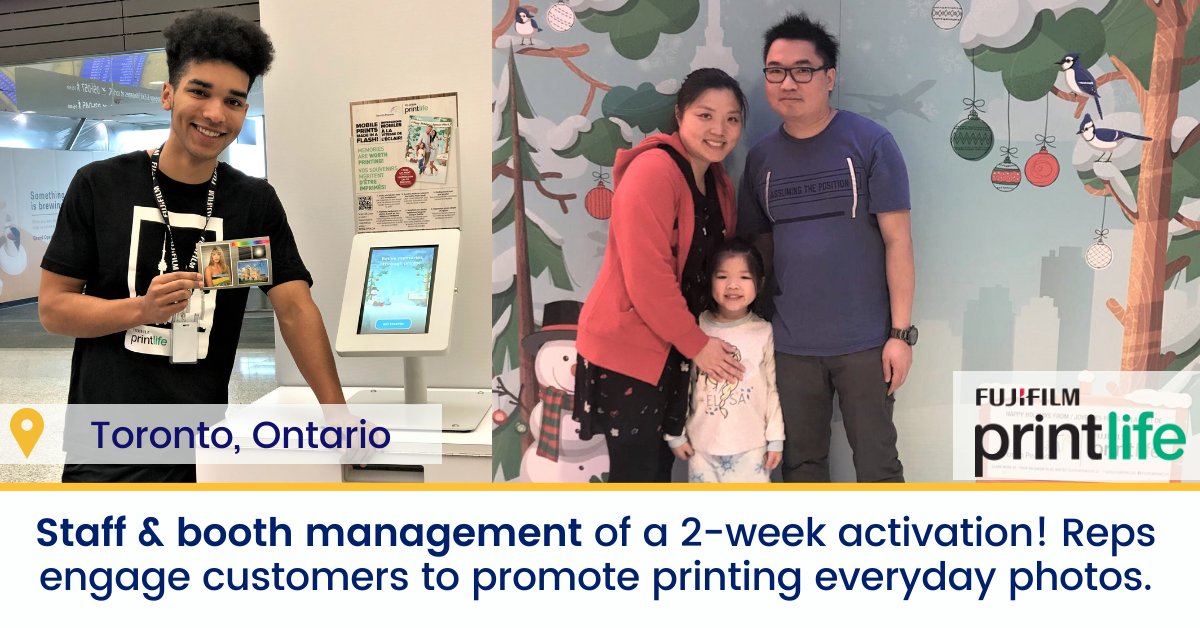 FerventEvents's tweet image. Bringing travel memories to life with Fujifilm printing! 📸🖼 The next trip starts at the airport— during a 2-week #activation at Pearson Airport, @fujifilm set up a holiday photo wall. Reps engaged customers through the printing process to #promote printing everyday photos.