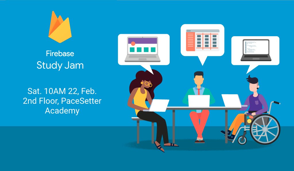 Hello there!
We are happy to announce our first meetup for the year.
Click bit.ly/fb-sj2020 to reserve a seat for our #FirebaseStudyJam happening on Saturday. Come learn about <a href="/Firebase/">Firebase</a> with the family.