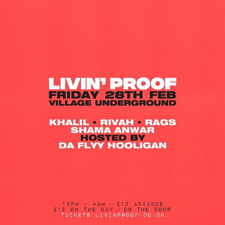 LivinProofMusic's tweet photo. Khalil’s (Livin’ Proof) birthday.

Next Friday night. 

KHALIL
RIVAH
RAGS
SHAMA ANWAR

@villunderlondon.

Tickets - https://t.co/QUuEn76KkZ https://t.co/T7RaScz0Lq