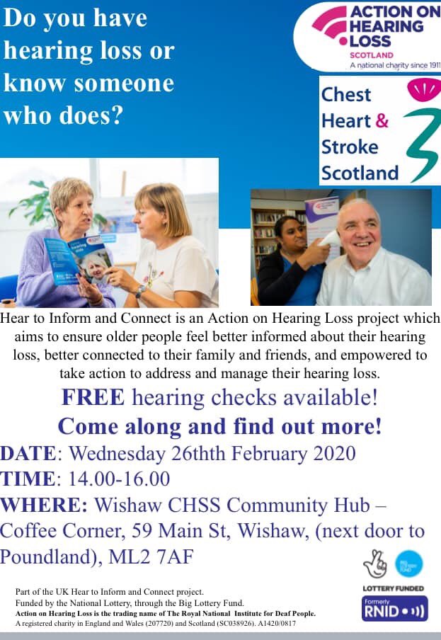 Malaika will be in #Wishaw @CHSScotland on Wednesday 26th Feb! Everyone welcome to drop in, have a chat & get your hearing tested! @Lan_Carers @MacmillanLan @SFLanarkshire @lcfhp @HomeStartNL @nlct_carers @MotherwellCLD @MotherwellCAB @ClareAdamsonSNP