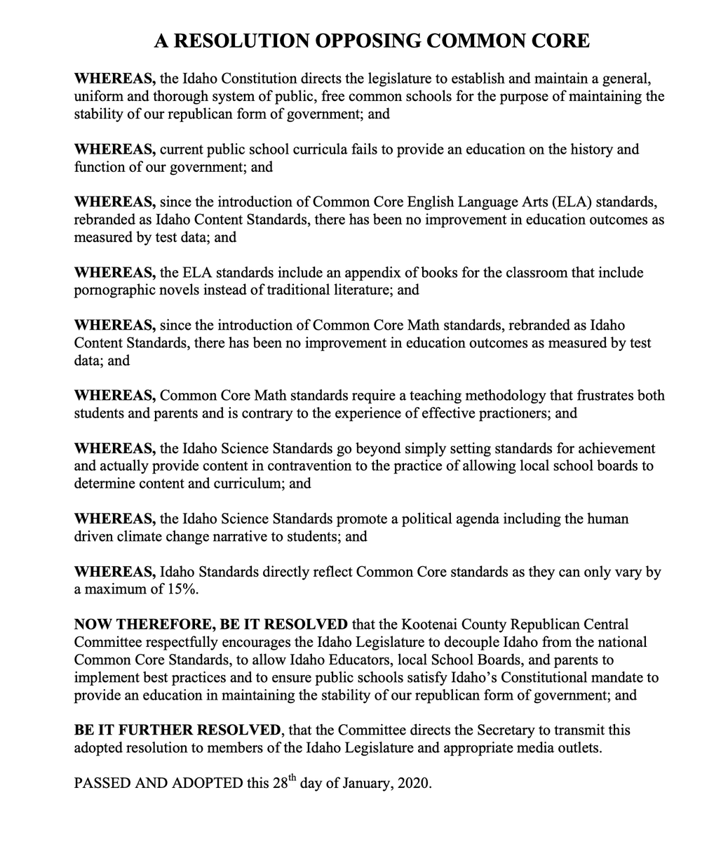 KCRCC's tweet photo. Here is a resolution opposing Common Core, that was passed by the Kootenai County Republican Central Committee on January 28th, 2020.  
To download the pdf version go to our webpage - https://t.co/a7qCr4XW1f

#KCRCC #nocommoncore #idpol https://t.co/jsV9ZgJJJA