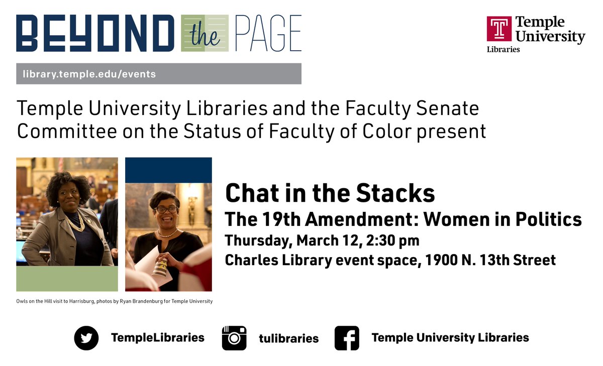 AccordTU's tweet photo. On March 12th, join @TempleLibraries and the Faculty Senate Committee on the Status of Faculty of Color for the first Chat in the Stacks of the semester, celebrating the 100th anniversary of the passage of the 19th Amendment! https://t.co/ygBb5xcZxC