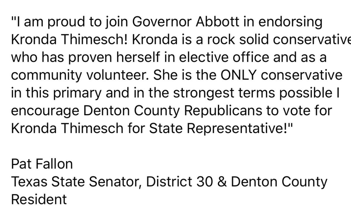So pleased to have the support of Senator Pat Fallon! Please check out his endorsement. #KrondaForTexas
