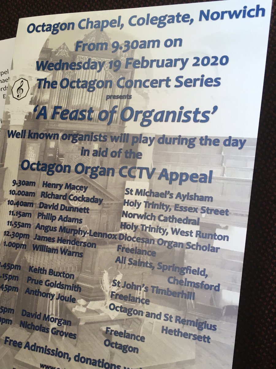 Beautiful music @OctagonNorwich a Feast of Organists. Raising money to buy CCTV, a feast of 12 very talented organists.