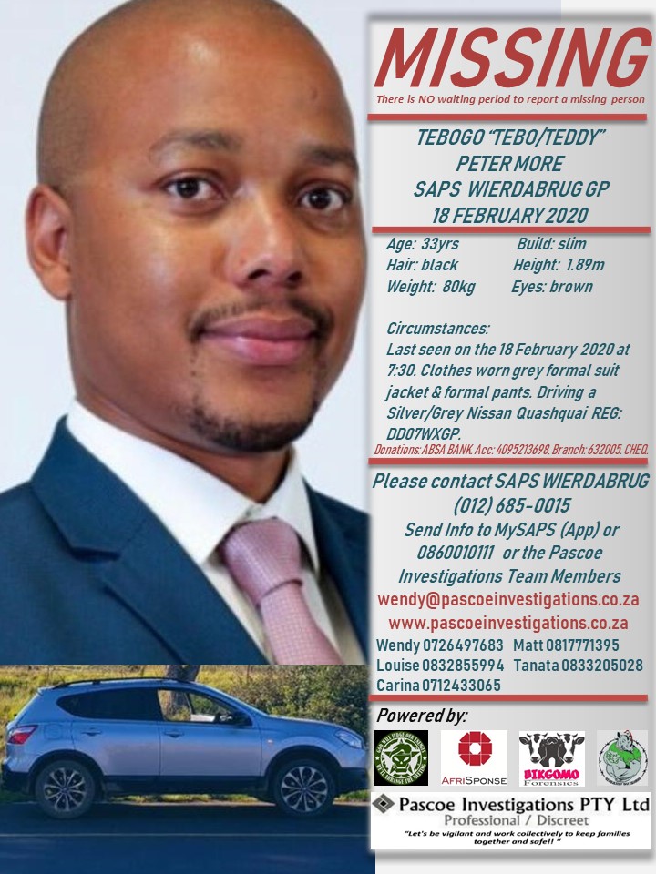 LtdPascoe's tweet photo. #HelpBringTeddyHome
#MissingPascoeInvestigationsPtyLtd

#MISSING ADULT ALERT: Tebogo "Tebo/Teddy" Peter More 33Yr 18 February 2020. SAPS WIERDABRUG GP. @MCVENTA https://t.co/X5cTEYifa5