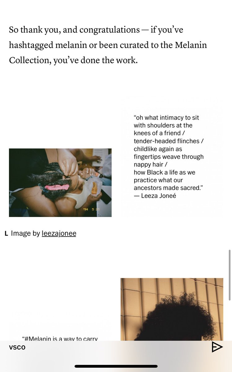 leezajonee's tweet photo. What an honor to have both my photography and words featured in @VSCO’s latest editorial journal on the theme of #Melanin https://t.co/jn5KEJbFtr