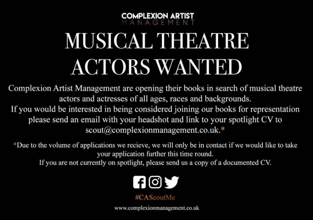 CAManagements's tweet photo. Actors and actresses for TV, stage and screen and musical theatre actors/actresses looking for representation, send us an email with your headshot and CV Now!! 🎭 #CAManagement #CAActors #CAActress #CATalent #CAScoutMe https://t.co/WPyxvgr4Ny