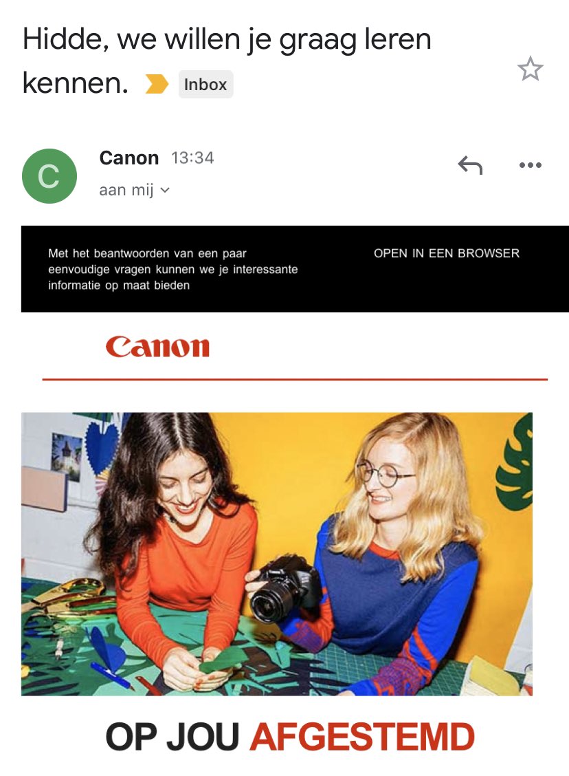 Mailtje gekregen van <a href="/CanonNederland/">Canon Nederland</a>... 

Iets in mij zegt dat de onderwerpregel beter kan: ‘Hidde, we willen je graag leren Canon’ 😬