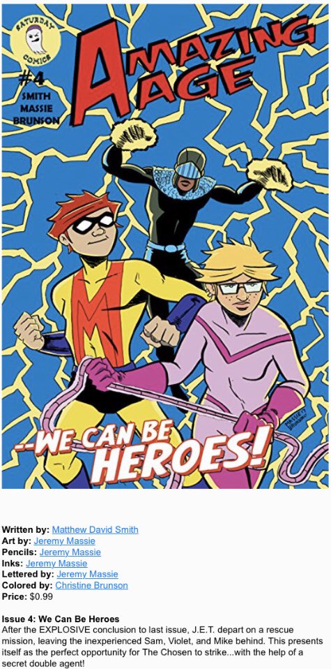 Amazingagecomic's tweet photo. It’s Wednesday...time for new comics! @comiXology now has @Amazingagecomic #3, 4, &amp; 5 for digital download! Only 99 cents each! Complete the series today...only from Saturday Comics!

Written by @mdsmithcomics , art &amp; letters by @jeremy_massie , colors by @StineBrunson https://t.co/yhXxeOtKno