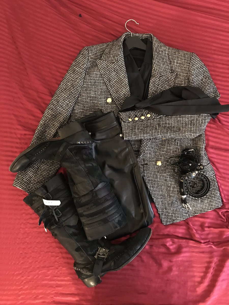 OOTD; houndstooth double breasted blazer, satin button down shirt woth neck scarf/bow, leather leggings, Roen engineer boots, misc. accessories.