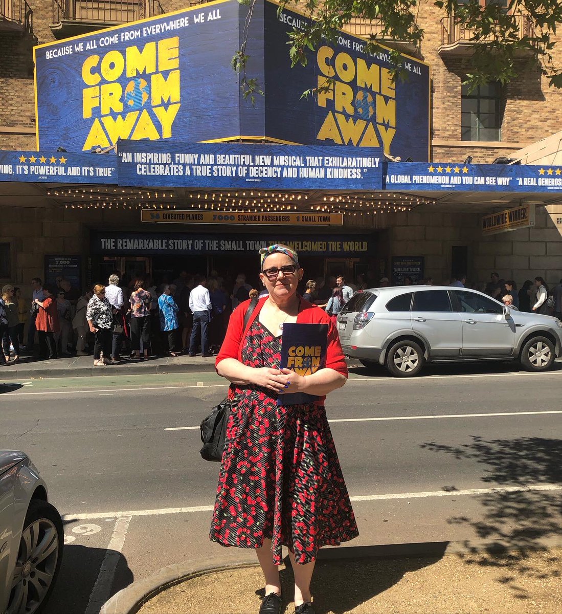 hooray4tumbles's tweet photo. Theme dressing shenanigans for @ComeFromAwayAU last Sunday, including the customised headscarf highlighting Gander on a map I made last year. #themedressing #broadwaybounding #comefromawayAU #welcometotherock https://t.co/YuspSPqwFa