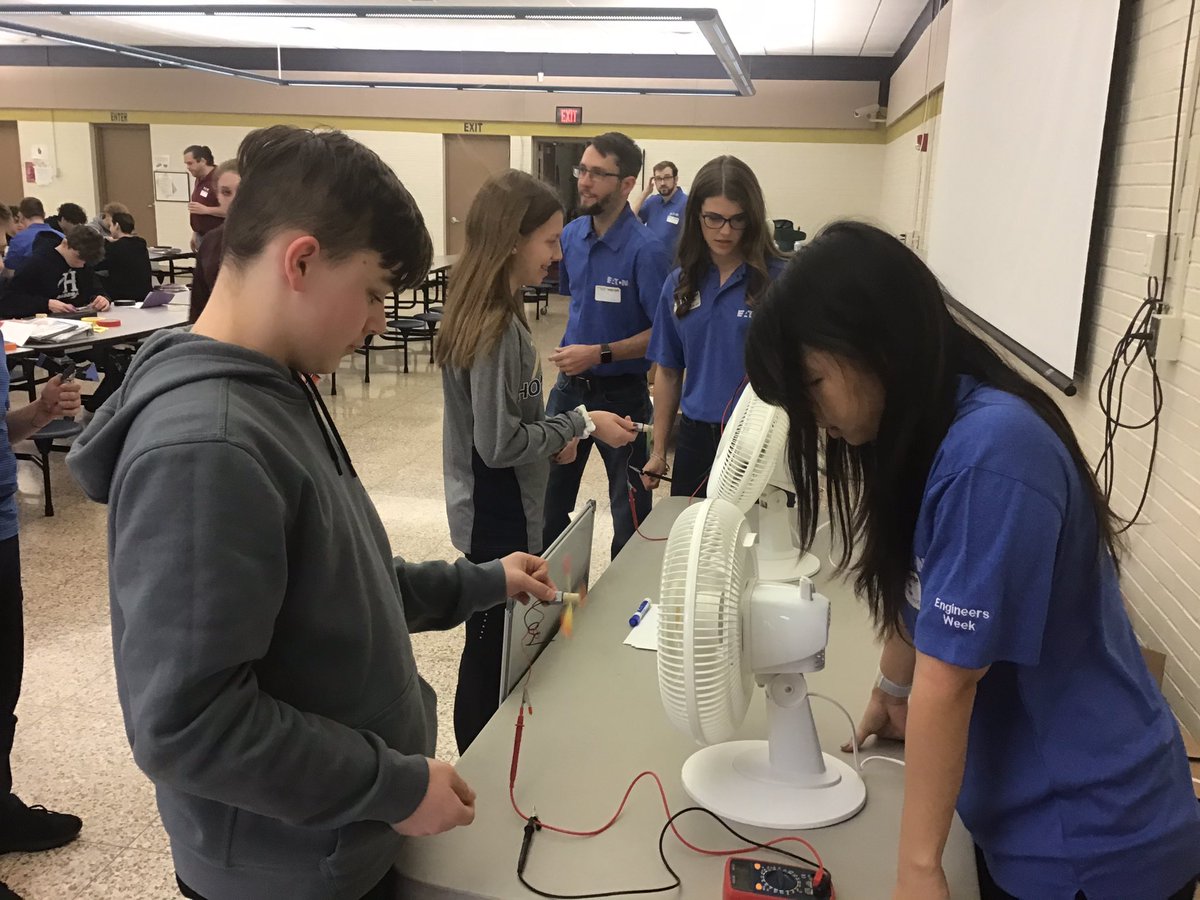GillMmath's tweet photo. @HMJHS_Vikings students using the scientific method with engineers from @eatoncorp on renewable energy resources https://t.co/rOvqHclJGC