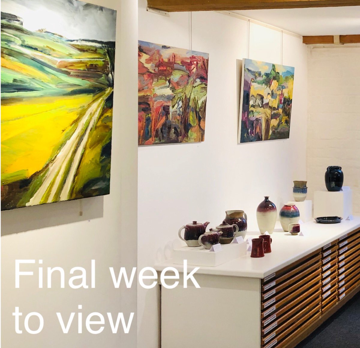 Parndonmill's tweet image. This is the last week of this splendid exhibition – energetic and colourful landscapes by Lorna Brown &amp;amp; beautifully crafted ceramics by Trevor Dyer. It is open until this Sunday afternoon when we close at 4pm

 Opportunities to view this week:
Tue to Fri- 10 - 5pm 
Sun- 2 - 4pm