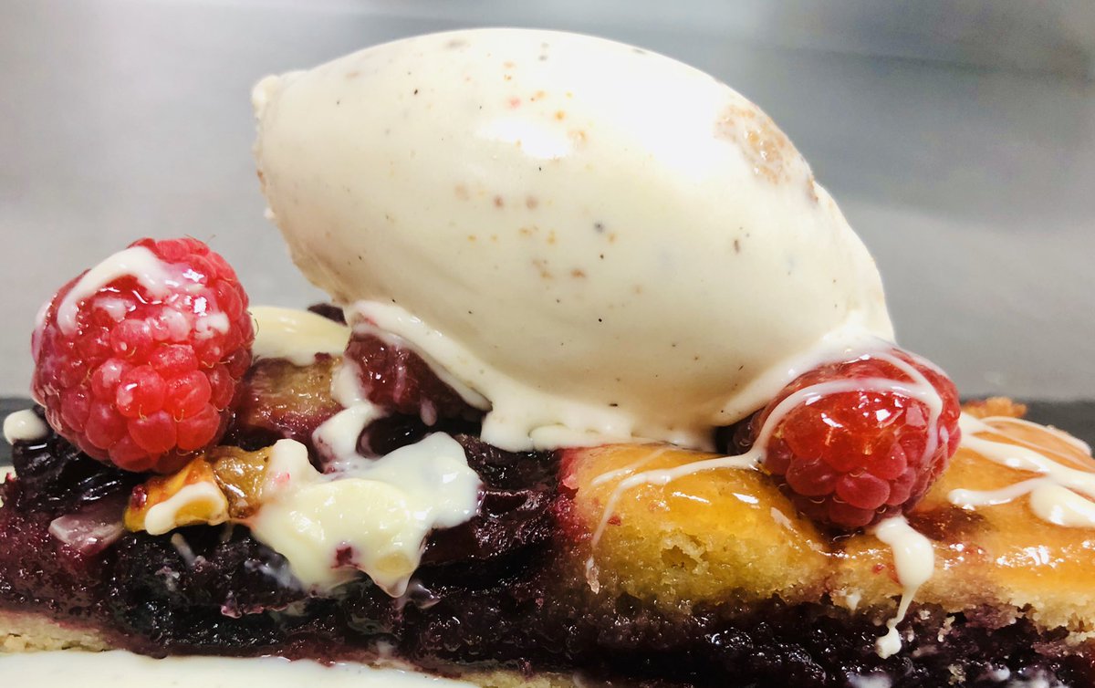 Black cherry, pistachio and white choc tart, brown bread ice cream
