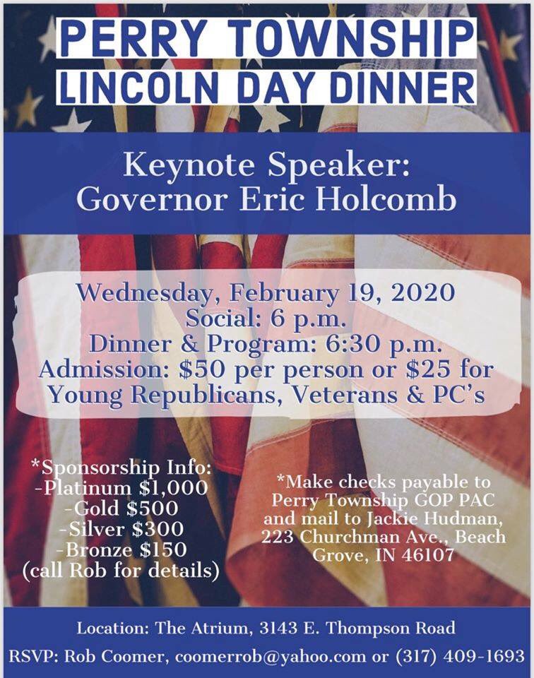 IndyGOP's tweet photo. REMINDER: The Perry Township GOP will be hosting their Lincoln Day Dinner on TONIGHT at The Atrium (3143 E Thompson Rd). The keynote speaker is Indiana Gov Eric Holcomb
Social: 6:00pm
Dinner & Program: 6:30pm
#PerryGOP #LincolnDay #GOPClubs https://t.co/PESip12D25
