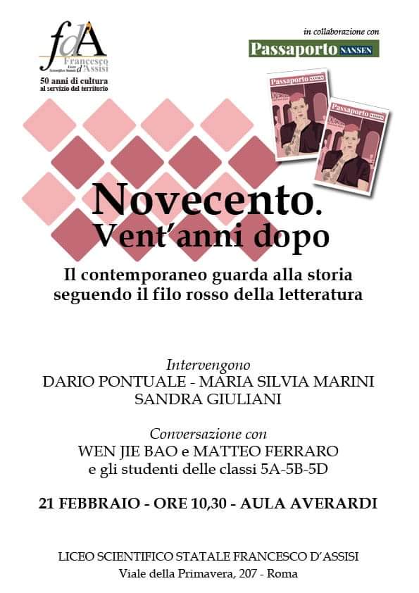 RivistaNansen's tweet photo. #Venerdì21 febbraio #PassaportoNansen sarà ospite del Liceo Scientifico Statale Francesco d'Assisi di #Roma. Parleremo di #Novecento, #Duemila e di questi vent'anni dopo.
#DarioPontuale, @UDisattivata @sandragiuliani dialogheranno con #WenJieBao, #MatteFerraro e gli studenti. https://t.co/tguDGejrUz