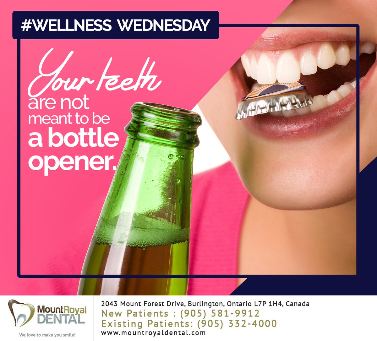 MtRoyalDental's tweet image. Cracked and fractured teeth are the third leading cause of tooth loss. Using your teeth to open bottles or packaging can cause serious damage. #oralhealthcare #crackedteeth #oralhealth #burlington #ON #mountroyaldental