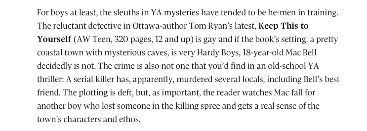 tomryanauthor's tweet photo. It's the very first #IReadCanadian day, so what a treat to wake up to this great review of #KeepThistoYourself in @globebooks - the first time one of my novels has been reviewed in @globeandmail! https://t.co/D1K6J3f1Wu