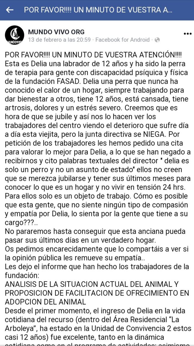 Delia lleva 12 años ayudando a personas discapacitadas. Merece un descanso con una familia que la quiera. 
La Fundación FASAD se niega. 
Más información Mundo Vivo Facebook. 
#Delialibre
Ayudadme a difundir, por favor.